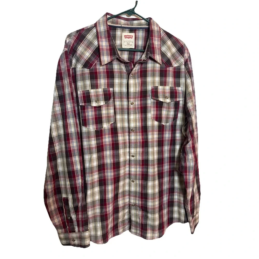 Levi's Men's XXL Plaid Western Pearl Snap Shirt Red Gray Long‎ Sleeve Cowboy